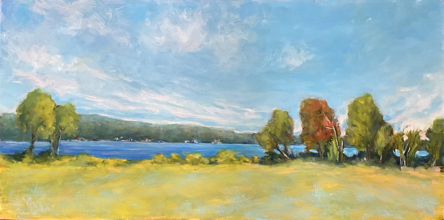 Colorful view across Cazenovia Lake painted by Jennifer Hooley