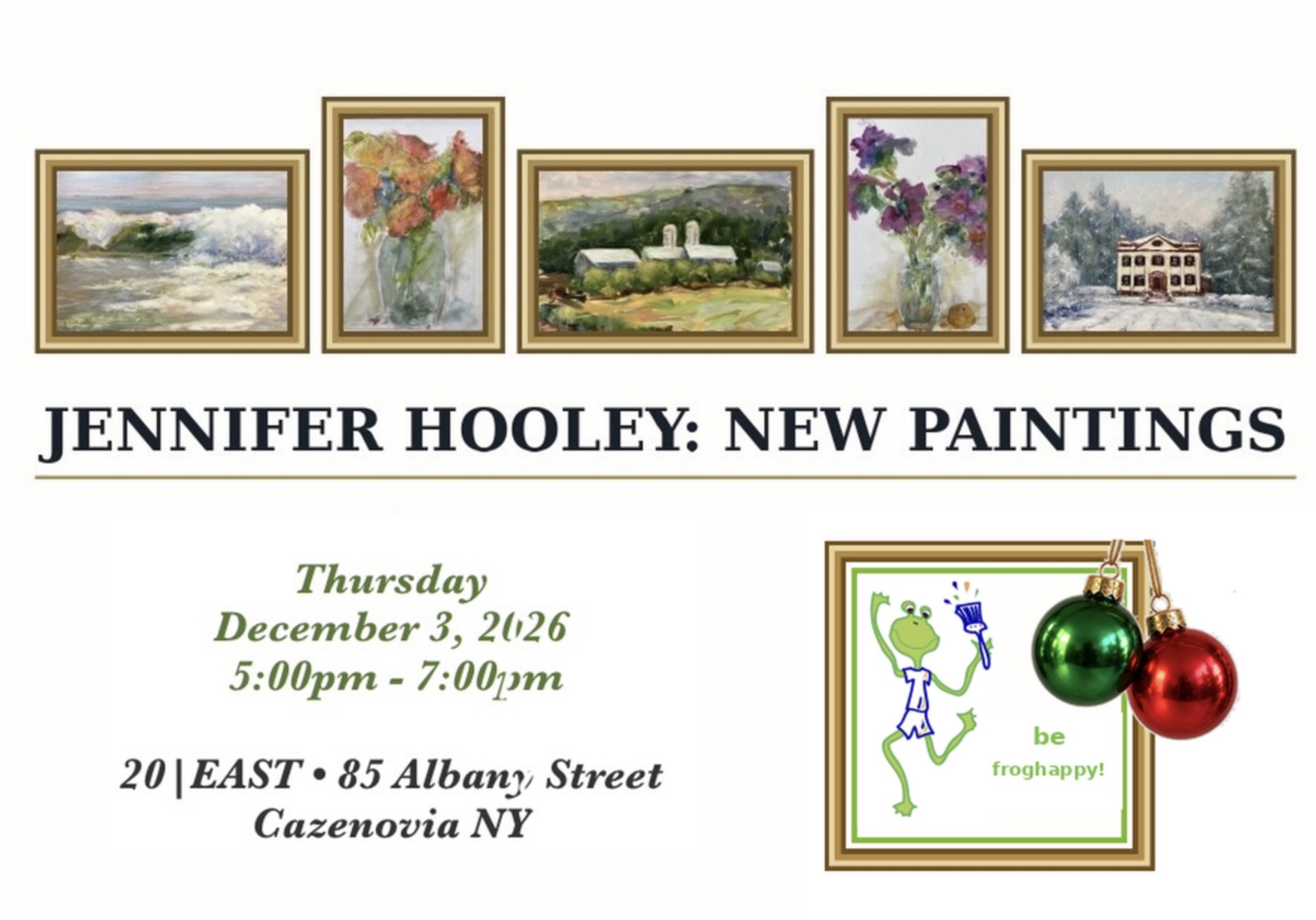 Front of Jennifer Hooley’s New Paintings postcard for the December 3 show at 20|East